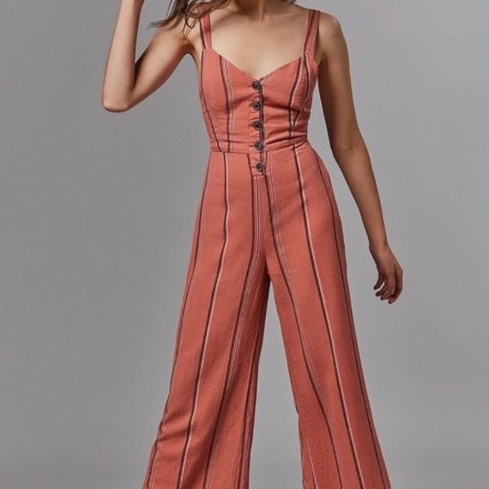 URBAN OUTFITTERS RUST ORANGE STRIPED LINEN BLEND TIE BACK ASHLEY JUMPSUIT SMALL